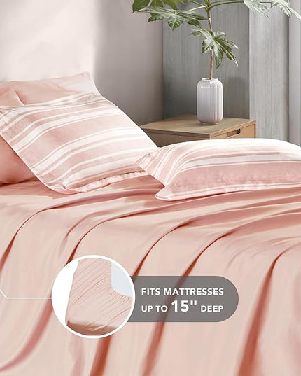 Codi Teen Girl Bedding Full Size, Pink Striped Bed in a Bag Reversible All Season Bed Set, 7 Piece Comforter Set with 2 Pillow Shams, Flat Sheet, Fitted Sheet and 2 Pillowcases - LeafyLoom