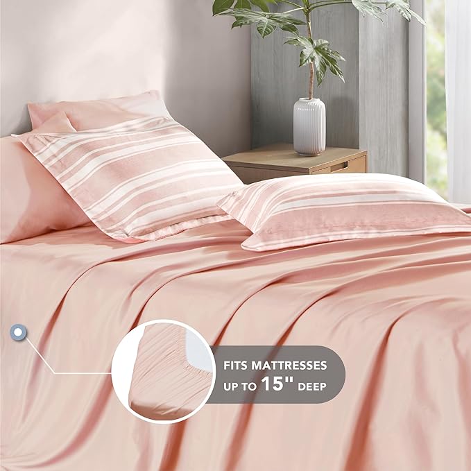 Codi Teen Girl Bedding Full Size, Pink Striped Bed in a Bag Reversible All Season Bed Set, 7 Piece Comforter Set with 2 Pillow Shams, Flat Sheet, Fitted Sheet and 2 Pillowcases - LeafyLoom