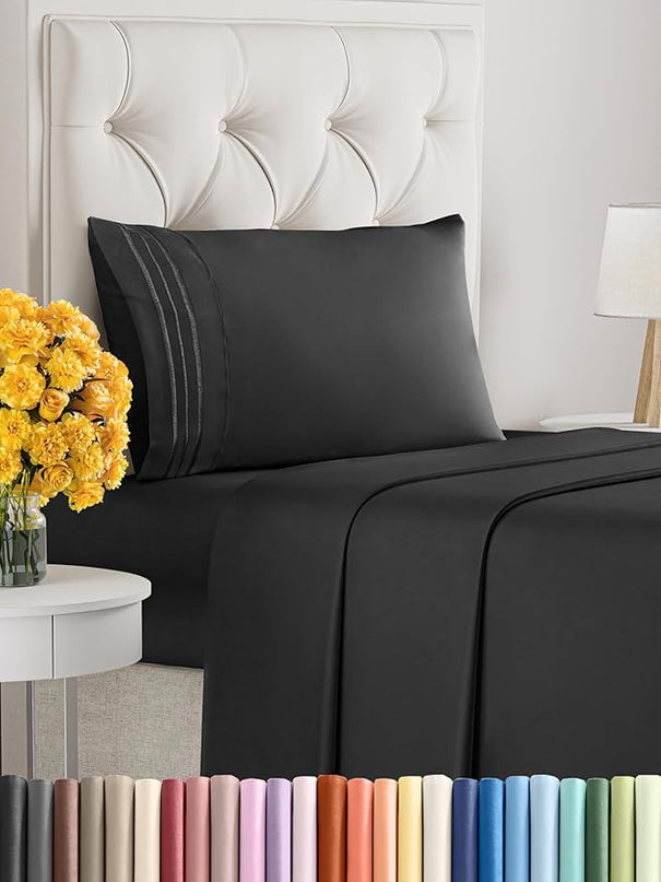 Twin Size 3 Piece Sheet Set - Comfy Breathable & Cooling Sheets - Hotel Luxury Bed Sheets for Women & Men - Deep Pockets, Easy-Fit, Extra Soft & Wrinkle Free Sheets - Black Oeko-Tex Bed Sheet Set - LeafyLoom