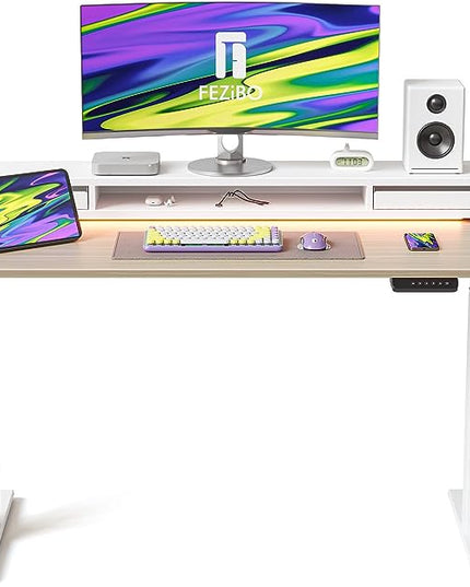 EZIBO 48 * 26 Inch Electric Standing Desk with Monitor Stand, Height Adjustable Table with LED Strips, Ergonomic Home Office Furniture with 2 Drawers Storage Workstation, Light Walnut - LeafyLoom