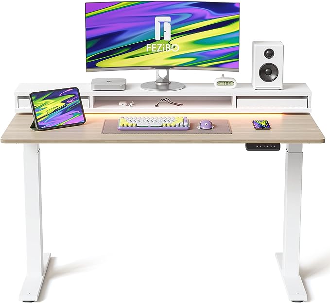 EZIBO 48 * 26 Inch Electric Standing Desk with Monitor Stand, Height Adjustable Table with LED Strips, Ergonomic Home Office Furniture with 2 Drawers Storage Workstation, Light Walnut - LeafyLoom