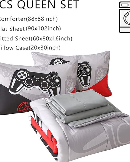 KAKKI 5 Piece Boys Queen Gamer Comforter Set with Sheets, 3D Colorful Video Game Controller Comforter for Kids Teen, All Season Soft Microfiber Gaming Bedding Set(Red,Queen) - LeafyLoom