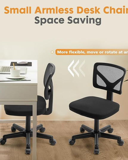 Sweetcrispy Armless Desk Chair - Small Home Office Chair with Wheels, Mesh Low Back Task Chair with Lumbar Support and Wheels, Adjustable Height 360° Rolling Swivel Computer Chair without Arm, Black - LeafyLoom