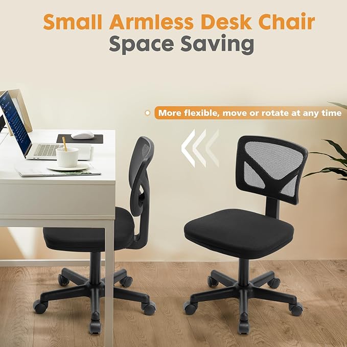 Sweetcrispy Armless Desk Chair - Small Home Office Chair with Wheels, Mesh Low Back Task Chair with Lumbar Support and Wheels, Adjustable Height 360° Rolling Swivel Computer Chair without Arm, Black - LeafyLoom