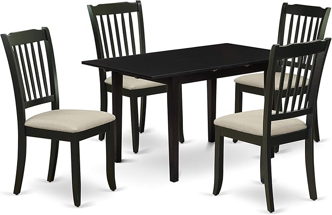 East West Furniture NODA5-BLK-C 5 Piece Dining Room Table Set Includes a Rectangle Kitchen Table with Butterfly Leaf and 4 Linen Fabric Upholstered Dining Chairs, 32x54 Inch, Black - LeafyLoom