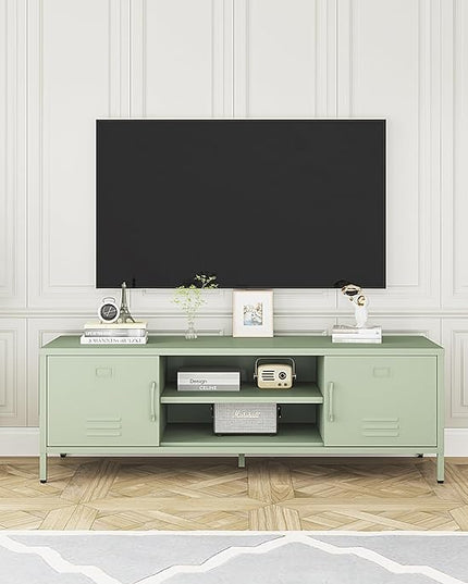 TV Stand for 55 60 inch TV, Metal TV Cabinet Modern Mid Century Entertainment Center with Storage, TV Industrial Media Console Table 2 Cabinet for Living Room, Bedroom, Office (Green) - LeafyLoom