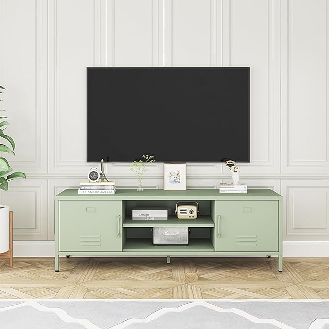 TV Stand for 55 60 inch TV, Metal TV Cabinet Modern Mid Century Entertainment Center with Storage, TV Industrial Media Console Table 2 Cabinet for Living Room, Bedroom, Office (Green) - LeafyLoom