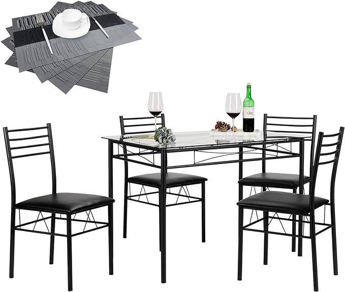 VECELO Kitchen Dining Room Table and Chairs 4, 5-Piece Dinette Sets, Space Saving (Black), 42.1" - LeafyLoom