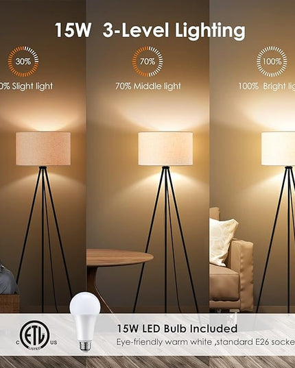Floor Lamp for Living Room, Tripod Floor Lamp, 15W LED Bulb, 3 Levels Dimmable Brightness, Linen Lamp Shade, Mid Century Standing Lamp for Living Room, Bedroom, Study Room and Office - LeafyLoom