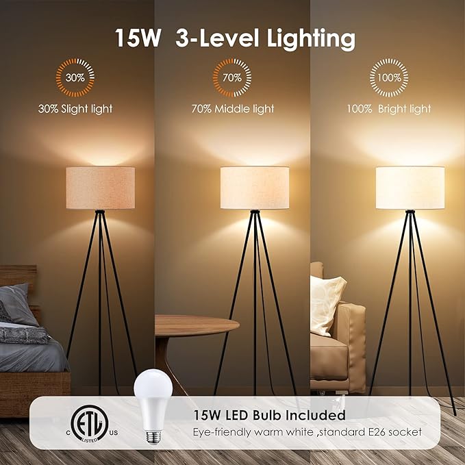 Floor Lamp for Living Room, Tripod Floor Lamp, 15W LED Bulb, 3 Levels Dimmable Brightness, Linen Lamp Shade, Mid Century Standing Lamp for Living Room, Bedroom, Study Room and Office - LeafyLoom