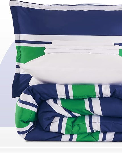 SLEEP ZONE Kids Rugby Twin Bedding Comforter Set - Super Cute & Soft Kids Bedding 5 Pieces Set with Comforter, Sheet, Pillowcase & Sham (Rugby Stripe Navy/Green) - LeafyLoom