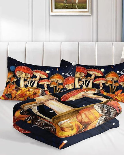 Galaxy Mushroom Comforter Set Queen Size Kids Mushroom Butterfly Bedding Set Leaves Quilt Bed Set for Boys Girls Adults with 1 Comforter and 2 Pillowcases - LeafyLoom