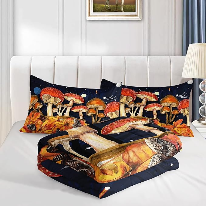Galaxy Mushroom Comforter Set Queen Size Kids Mushroom Butterfly Bedding Set Leaves Quilt Bed Set for Boys Girls Adults with 1 Comforter and 2 Pillowcases - LeafyLoom