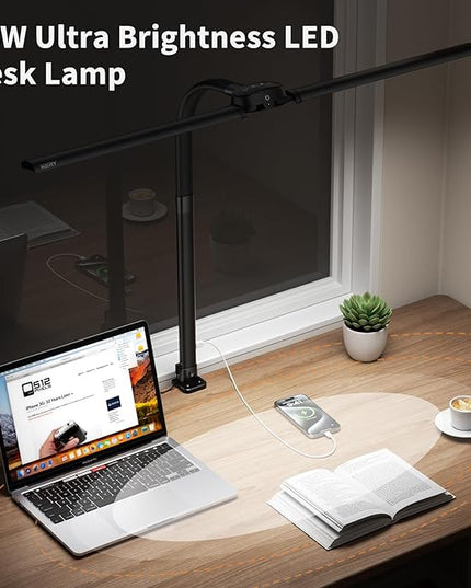Led Desk Lamp with USB Charging Port Architect Task Dual Lamps for Home Office with Atmosphere Lighting, 24W Ultra Bright Modern Flexible Gooseneck Tall Table Light 5 Color Modes for Drafting Reading - LeafyLoom