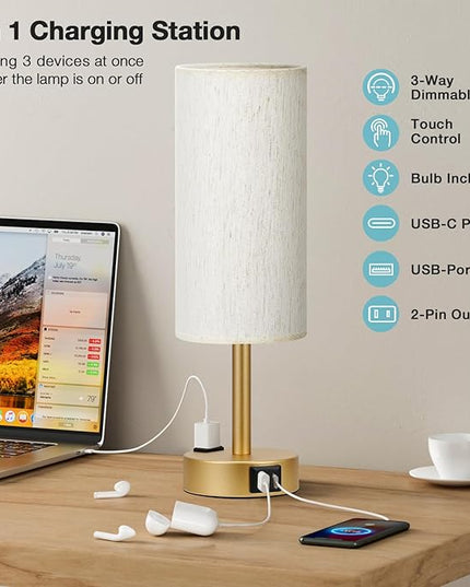 Gold Nightstand Bedroom Lamp - 3 Way Dimmable Bedside Lamp USB C A Charging Ports and AC Outlet, Small Table Lamp Linen Lampshade for Office Desk, LED Bulb Included - LeafyLoom