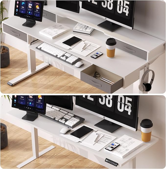 Electric Standing Desk, Multifunctional Standing Desk Adjustable Height, 55 * 24 Standing Desk with 4 Drawers, Ergonomic Adjustable Standing Desk with Keyboard Tray, Snow White - LeafyLoom