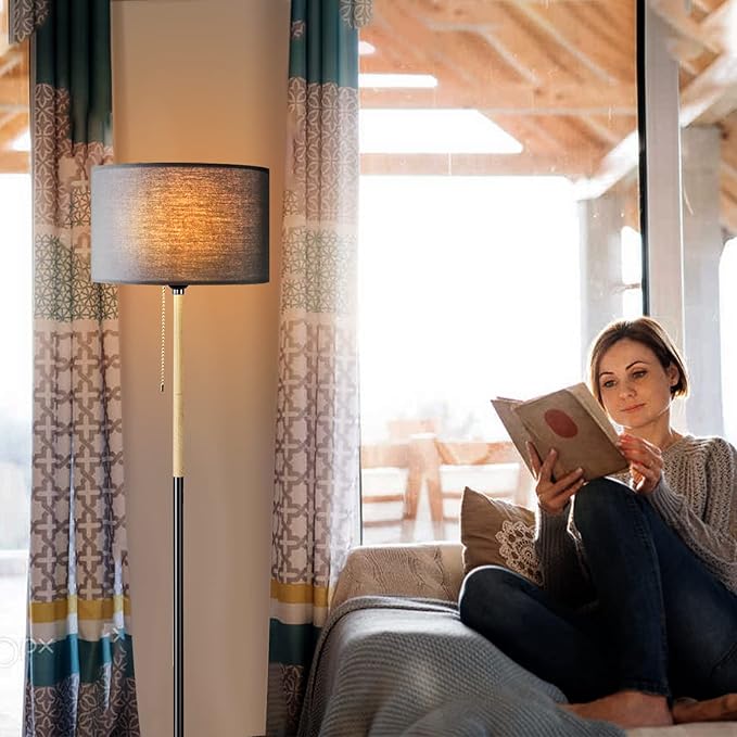 Modern Floor Lamp for Living Room Traditional Farmhouse Floor Lamps Mid-Century Pole Lamp with Linen Lamp Shade, Standing Tall Floor Lamps for Bedrooms and Office (Black) - LeafyLoom