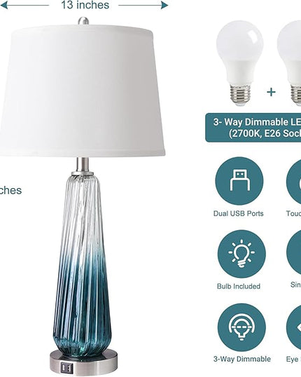 Table Lamps for Living Room with Touch Control, 3-Way Dimmable Bedside Lamps with 2 USB Ports, Modern Glass Nightstand Lamp with White Fabric Shade, 27.5" Large Lamps for Home Bedrooms Decorations - LeafyLoom