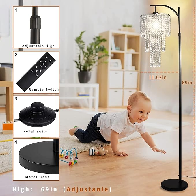 Arc Floor Lamps for Living Room Modern Crystal Floor Lamp with Remote Control,Dimmable LED Floor Lamp Crystal Lampshade Black Standing Lamp with 10 Color Temperature Tall Floor Lamp For Bedroom Corner - LeafyLoom