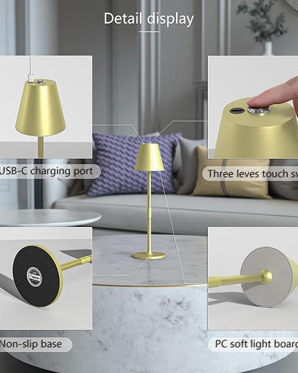 Modern LED CordlessTable Lamp,4000mAh Rechargeable Battery Desk lamp,3 Level Brightness Night Light, Minimalist Design, for Couple Dinner/Coffee Table/Restaurant/Bedroom(Champagne Gold) - LeafyLoom