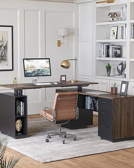 FEZIBO 63" L Shaped Executive Standing Desk with File Cabinet, Electric Height Adjustable, Black Walnut - LeafyLoom