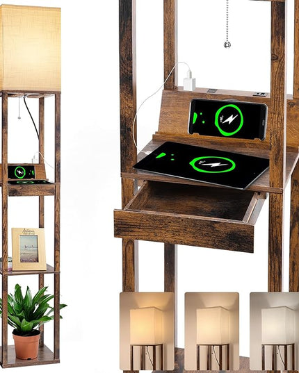 【Upgraded】Floor Lamp with Shelves,Shelf Floor Lamps for Living Room with Wireless Charger, Floor Lamps for Bedroom with USB A+C Charging Ports and 2 AC Outlet, Brown Wood Lamp for Living Room, Bedroom - LeafyLoom