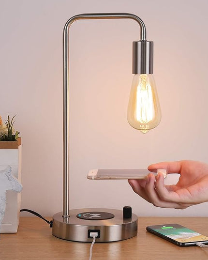 USB Desk Lamp – Table Lamp with Wireless Charging Pad and USB Port, Edison Bedside Nightstand Lamp with Metal Base for Guestroom Bedroom Living Room Office, Satin Nickel - LeafyLoom
