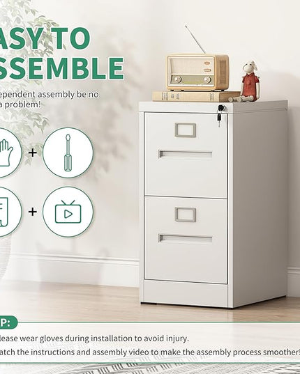 2 Drawer File Cabinet,Metal Filing Cabinets with Lock,White Vertical File Cabinet for Home Office,Heavy Duty Metal Storage Cabinet for A4/Letter/Legal Size File,Assembly Required - LeafyLoom