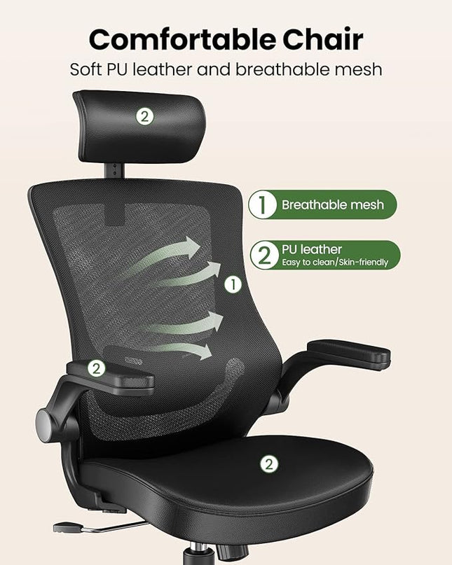 Marsail Office Chair Ergonomic Desk-Chair: Mesh Back Computer Chair with PU Leather Seat,Adjustable Lumbar Support&Flip-up Armrests, Adjustable Height Home Office Desk Chairs - LeafyLoom