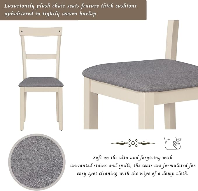 5 Piece Industrial Dining Set with Solid Wood Table and 4 High-density Foam Burlap Upholstered Cushions Chairs for Kitchen, Diningroom, Living Room, Easy to Assemble, Brown+Gray+Natural - LeafyLoom