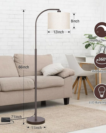Boncoo Dimmable Floor Lamp, Arc Standing Lamp with Stepless Dimmer, Brown Floor Lamp with Adjustable Linen Beige Shade for Living Room Bedroom Study Room Office, 9W 3000K LED Bulb Included - LeafyLoom