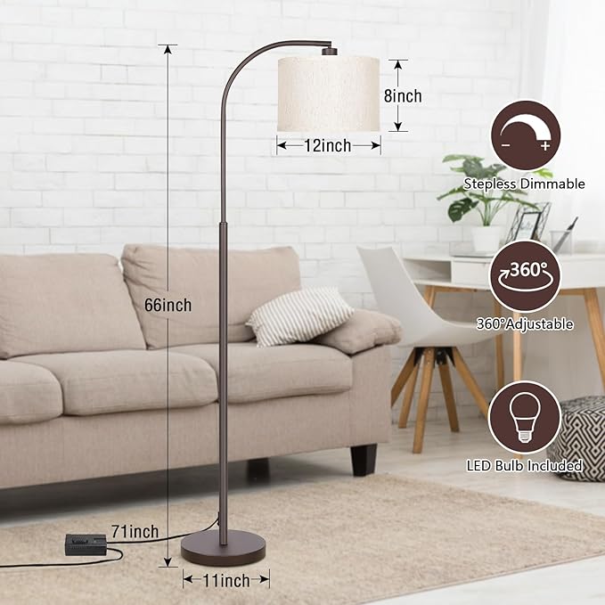 Boncoo Dimmable Floor Lamp, Arc Standing Lamp with Stepless Dimmer, Brown Floor Lamp with Adjustable Linen Beige Shade for Living Room Bedroom Study Room Office, 9W 3000K LED Bulb Included - LeafyLoom