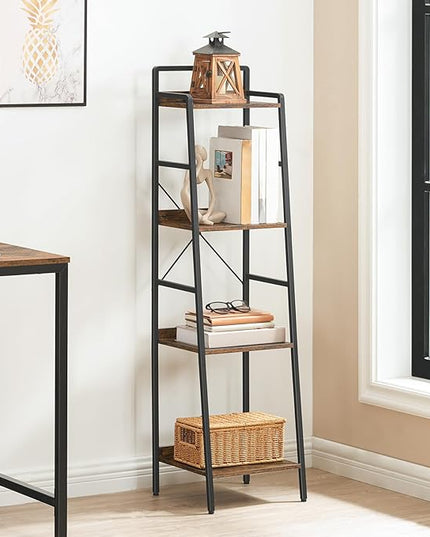 HOOBRO Bookcase, 4-Tier Narrow Bookshelf, Industrial Ladder Shelf, Skinny Bookshelf for Small Spaces, Corner Storage Shelf for Home Office, Living Room, Rustic Brown and Black BF34SJ01 - LeafyLoom