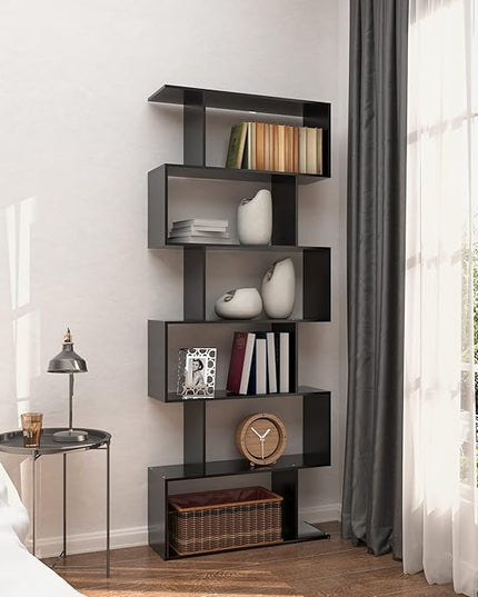 Yusong Bookshelf 6-Tier, Geometric Bookcase S Shaped Book Shelves for Bedroom, Modern Wood Decorative Display Shelf Tall Book Case for Home Office, Black - LeafyLoom