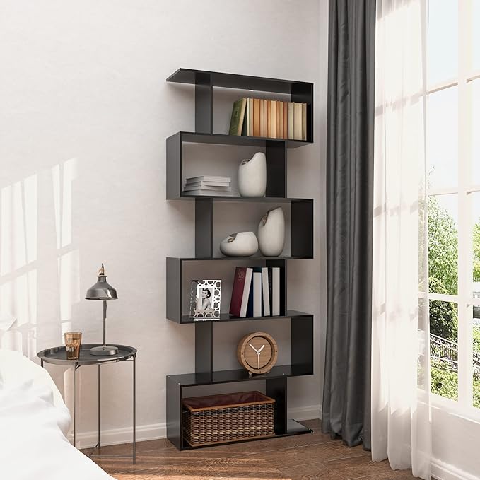Yusong Bookshelf 6-Tier, Geometric Bookcase S Shaped Book Shelves for Bedroom, Modern Wood Decorative Display Shelf Tall Book Case for Home Office, Black - LeafyLoom