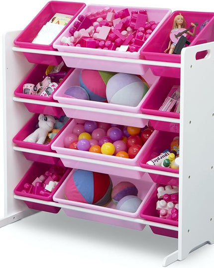 Delta Children Kids Toy Storage Organizer with 12 Plastic Bins - Greenguard Gold Certified, White/Pink - LeafyLoom