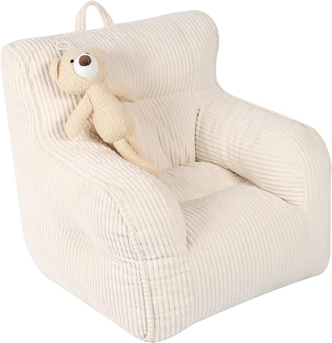 Kids Bean Bag Chair with a Plush Bear, Comfy Toddler Chair for Boys and Girls, Beige - LeafyLoom