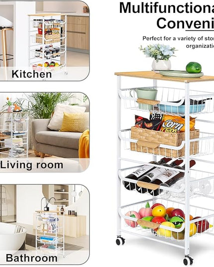 HEOMU 5 Tier Rolling Kitchen Storage Cart, Metal Microwave Stand Kitchen Island Cart on Wheels with Storage for Kitchen, Bathroom, Living Room, Bar, Office, White - LeafyLoom