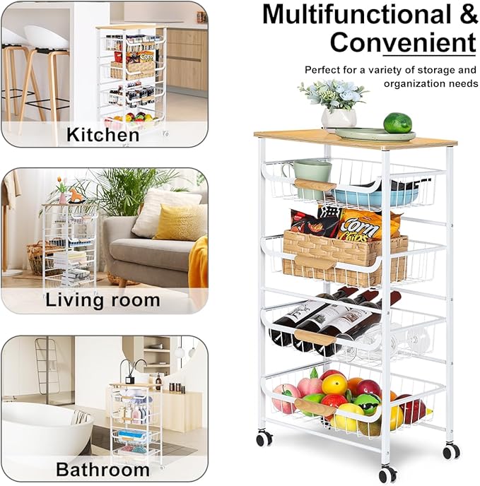 HEOMU 5 Tier Rolling Kitchen Storage Cart, Metal Microwave Stand Kitchen Island Cart on Wheels with Storage for Kitchen, Bathroom, Living Room, Bar, Office, White - LeafyLoom