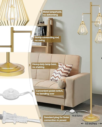 QiMH Industrial Floor Lamps for Living Room, Tree Standing Lamp with 3 Teardrop Cage Shades, 68" Modern Tall Lamps for Bedroom Office Home Light Decor, E26 Socket, Pedal Switch, Brass Gold - LeafyLoom
