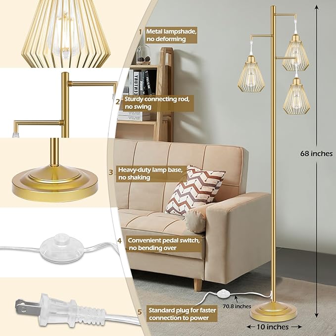 QiMH Industrial Floor Lamps for Living Room, Tree Standing Lamp with 3 Teardrop Cage Shades, 68" Modern Tall Lamps for Bedroom Office Home Light Decor, E26 Socket, Pedal Switch, Brass Gold - LeafyLoom