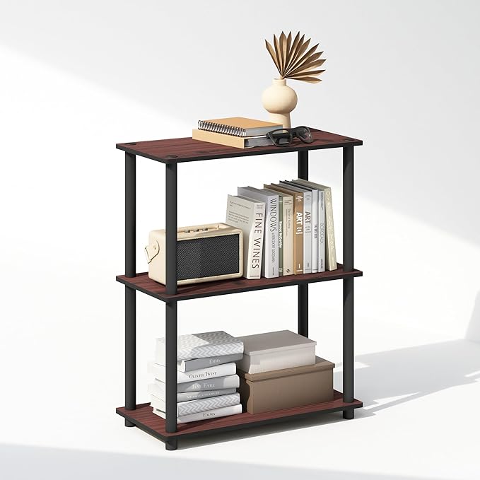 Furinno Turn-N-Tube 3-Tier Multipurpose Compact Display Rack, Shelving Unit, Bookcase, Dark Cherry - LeafyLoom