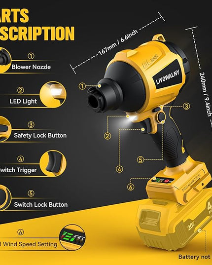 LIVOWALNY Cordless Dust Blower for Dewalt 20V Battery, Leaf Blower Brushless Handheld Blower Sawdust Blower 447 MPH/39 CFM for Garages, Sawmill Room, Workshop Cleaning, Home Improvement (No Battery) - LeafyLoom