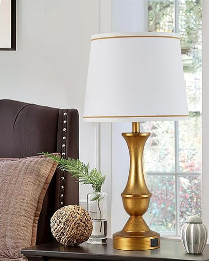 Table Lamps for Bedrooms Set of 2, Gold Bedside Lamps with USB C+A Ports, 3 Way Dimmable Nightstand Lamps with Fabric Lampshade, Touch Table Lamp for Living Room Bedroom Office, Bulbs Included - LeafyLoom