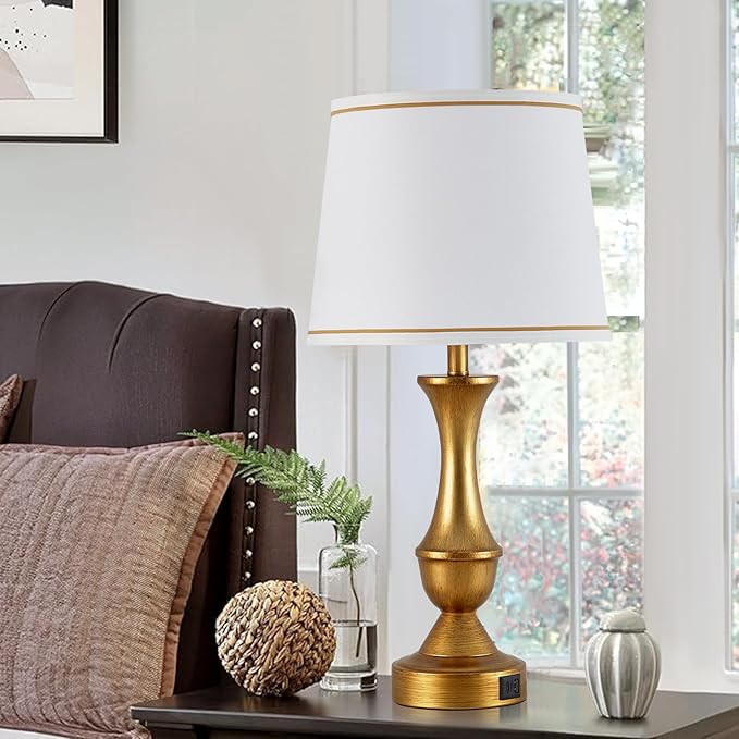 Table Lamps for Bedrooms Set of 2, Gold Bedside Lamps with USB C+A Ports, 3 Way Dimmable Nightstand Lamps with Fabric Lampshade, Touch Table Lamp for Living Room Bedroom Office, Bulbs Included - LeafyLoom