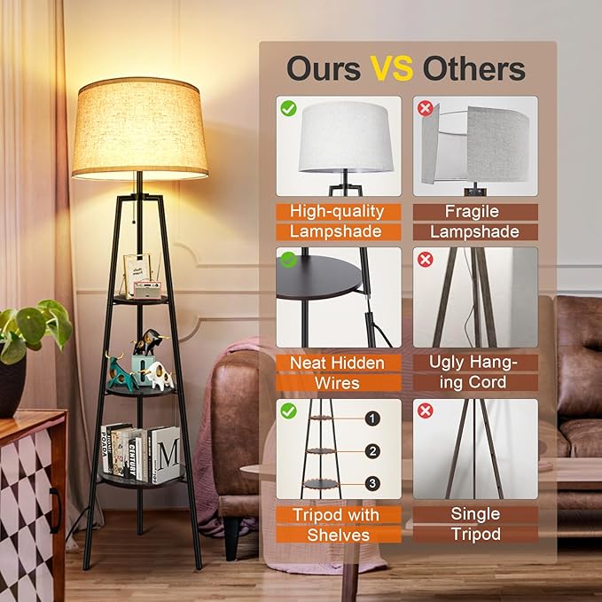 OUTON Tripod Floor Lamp with Shelves, Modern Shelf Floor Lamp with 3 Color Temperatures, Memory Function, Standing Tall Lamp with White Linen Texture Shade for Living Room, Bedroom, Office, Brown - LeafyLoom