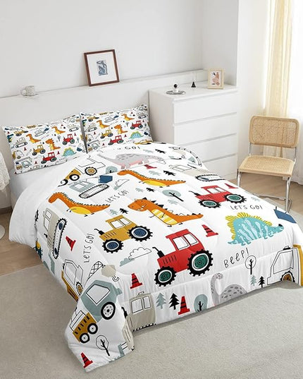 Feelyou Construction Comforter Set Kids Cartoon Dinosaur Comforter Cover Set for Boys Equipment Trucks Bedding Set Construction Vehicles Kawaii Jungle Dino Duvet Set Room Decor Quilt Set King Size - LeafyLoom
