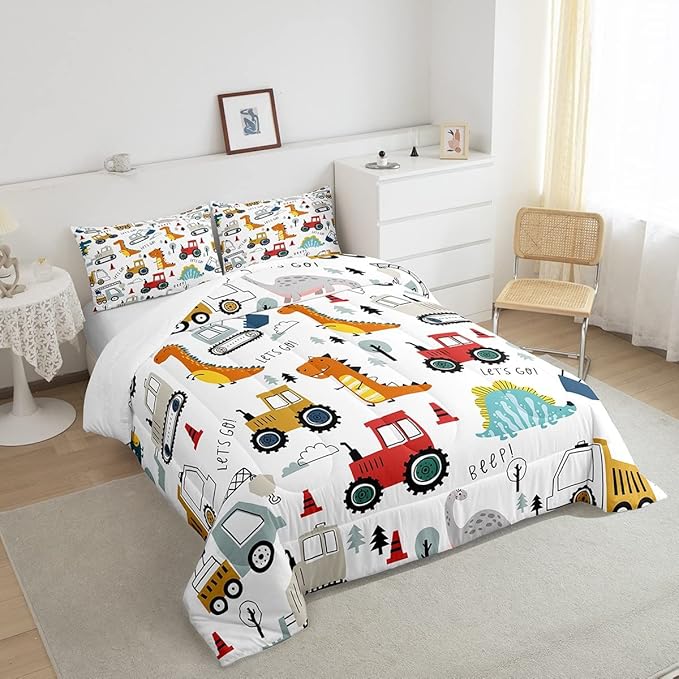 Feelyou Construction Comforter Set Kids Cartoon Dinosaur Comforter Cover Set for Boys Equipment Trucks Bedding Set Construction Vehicles Kawaii Jungle Dino Duvet Set Room Decor Quilt Set King Size - LeafyLoom