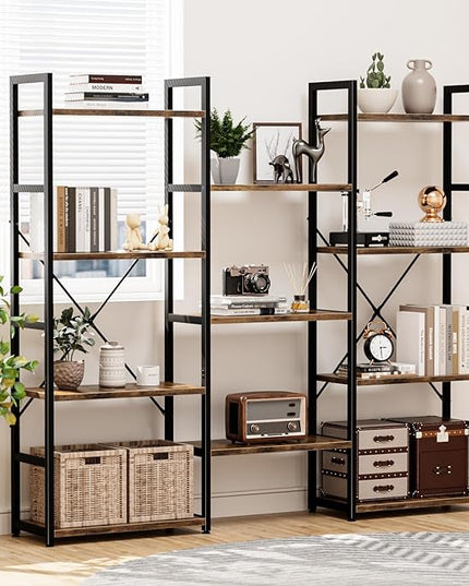 NUMENN Triple Wide 4 Tier Bookshelf, Adjustable Rustic Industrial Style Bookcases with 11 Open Display Shelves, Modern Tall Bookcase Furniture for Bedroom, Living Room and Home Office, Vintage - LeafyLoom