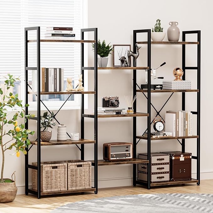 NUMENN Triple Wide 4 Tier Bookshelf, Adjustable Rustic Industrial Style Bookcases with 11 Open Display Shelves, Modern Tall Bookcase Furniture for Bedroom, Living Room and Home Office, Vintage - LeafyLoom